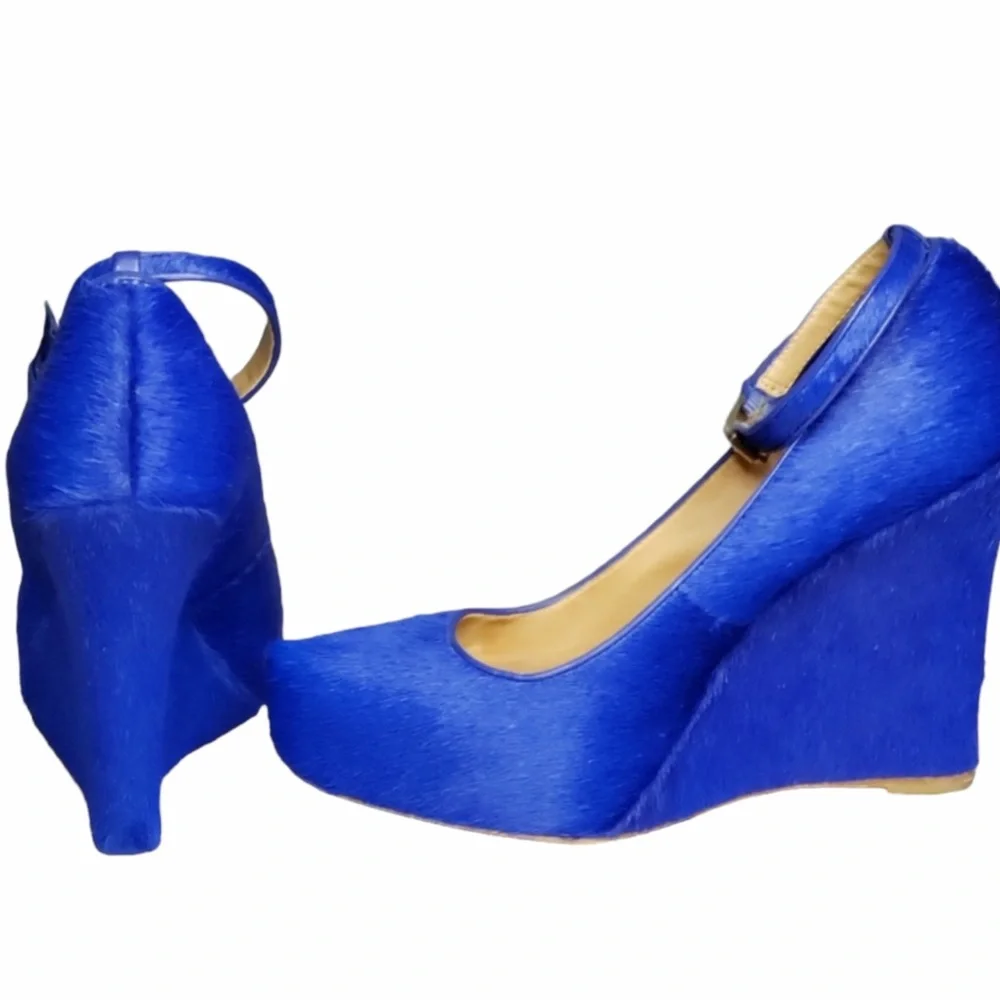 Ann Taylor cobalt blue-platform calf hair wedge heels with ankle buckle strap 7
